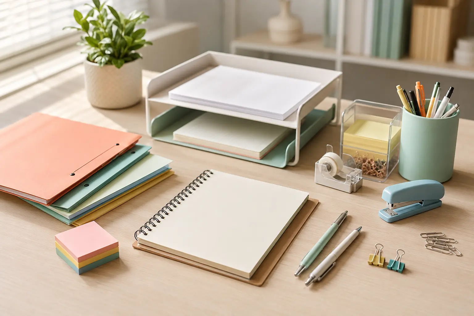 Pastas, papéis, canetas e materiais de escritório sobre uma mesa
