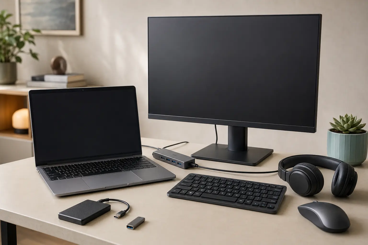 Notebook, monitor, teclado, mouse e acessórios de informática organizados