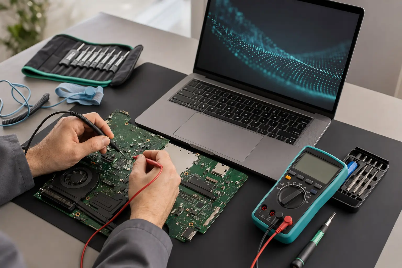 Técnico utilizando multímetro para diagnosticar uma placa de computador
