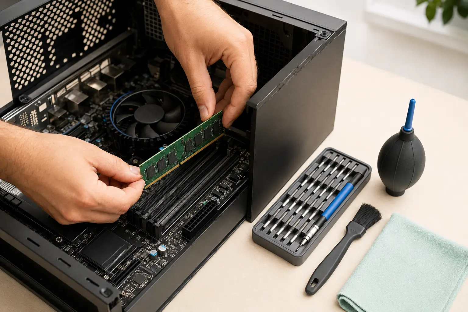 Memória sendo instalada durante a manutenção de um computador
