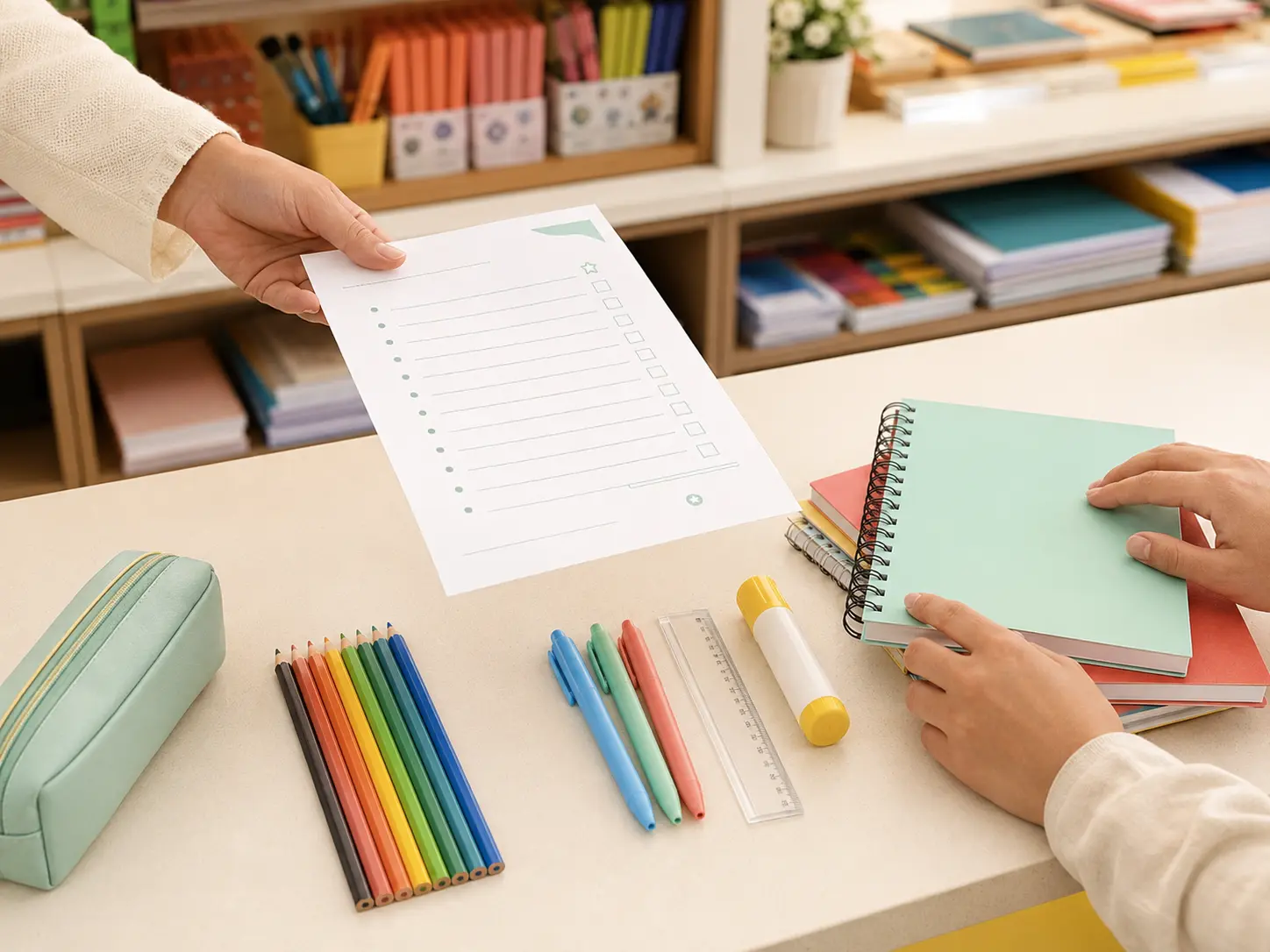 Uma lista escolar sendo conferida enquanto os materiais são organizados